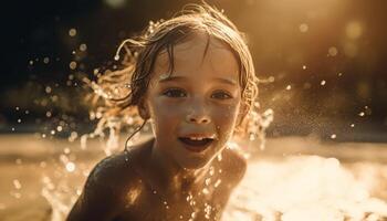gelukkig kind spatten in de water, genieten van zomer vakantie buitenshuis gegenereerd door ai foto