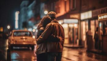 een jong paar omarmt onder de straat licht, genieten van nachtleven gegenereerd door ai foto