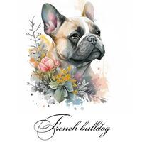 waterverf illustratie van een single hond ras Frans bulldog met bloemen. ai gegenereerd. hond portret. foto