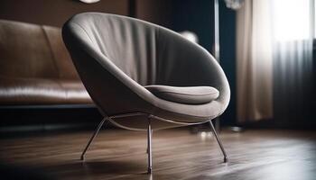 modern elegantie in een luxueus leer fauteuil, leeg leven kamer gegenereerd door ai foto