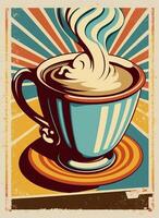 wijnoogst retro cups van koffie. reclame poster jaren 50, jaren 60, koffie uitverkoop. grunge poster. ai gegenereerd foto