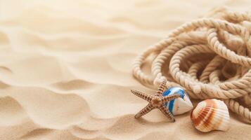 nautische touw met klein schelp in zand strand achtergrond kopiëren ruimte ai generatief foto