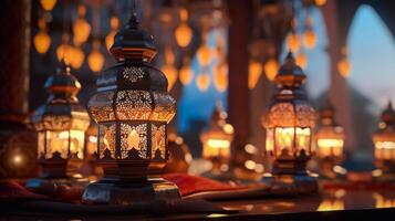 gedurende maand van Ramadan, moslims versieren huizen met helder lit traditioneel Arabisch lampen, gebeld lantaarns, symbool van vreugde, geestelijkheid van heilig festival. concept Arabisch, Islam, geloof. genereren ai foto
