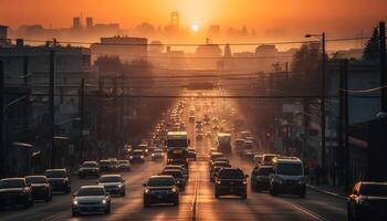 gloeiend koplampen vervagen in Beijing verkeer jam gegenereerd door ai foto