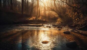 rustig tafereel van herfst Woud door water gegenereerd door ai foto