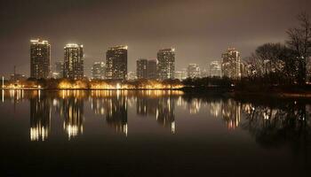stad horizon weerspiegelt in rustig waterkant vijver gegenereerd door ai foto
