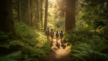 familie wandelen door Woud, genieten van natuur schoonheid gegenereerd door ai foto