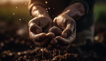 vuil hand- Holding nat modder, werken buitenshuis gegenereerd door ai foto