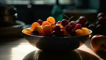 vers fruit kom Aan houten tafel binnenshuis gegenereerd door ai foto
