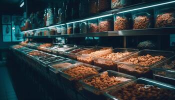 overvloed van vers zeevruchten in groot vis markt gegenereerd door ai foto