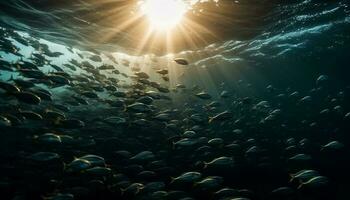 school- van vis zwemmen in levendig koraal rif gegenereerd door ai foto