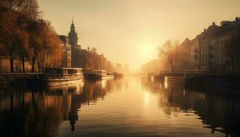 zonsopkomst over- stad horizon, reflecterend Aan water gegenereerd door ai foto