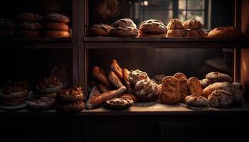 vers gebakken brood Aan rustiek houten tafel gegenereerd door ai foto