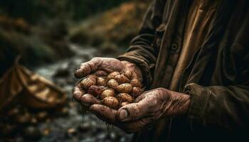 senior boer Holding vers biologisch herfst fruit gegenereerd door ai foto