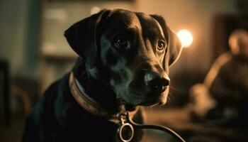 schattig puppy zitten, op zoek Bij camera binnenshuis gegenereerd door ai foto