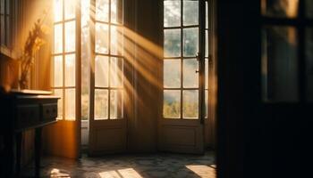 zonsondergang silhouet van stad leven door venster gegenereerd door ai foto