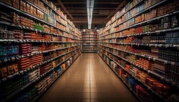 overvloed van gezond voedsel keuzes in supermarkt gangpad gegenereerd door ai foto