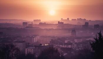 silhouet horizon, terug lit zonsondergang, panoramisch stadsgezicht gegenereerd door ai foto