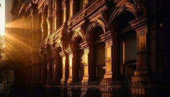 gotisch architectuur verlichte door straat lichten Bij schemer gegenereerd door ai foto