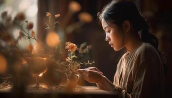 glimlachen meisjes Holding bloem, genieten van natuur schoonheid gegenereerd door ai foto