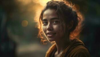 jong vrouw glimlachen in natuur Bij zonsondergang gegenereerd door ai foto