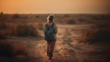 jong vrouw wandelen in natuur Bij zonsondergang gegenereerd door ai foto