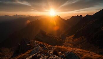 majestueus berg bereik, rustig zonsondergang, panoramisch schoonheid gegenereerd door ai foto