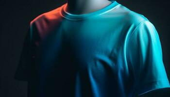 blauw overhemd Aan afgezwakt mannequin in donker studio gegenereerd door ai foto