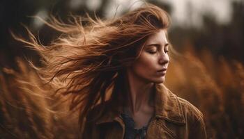 jong vrouw genieten van vrijheid in natuur schoonheid gegenereerd door ai foto