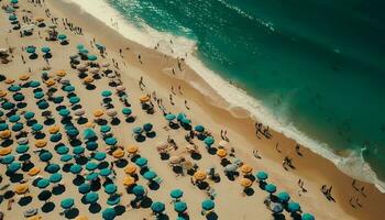 turkoois wateren, druk strand, pret in zon gegenereerd door ai foto