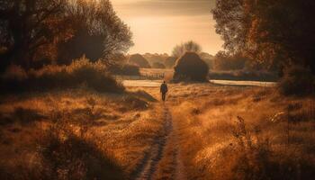 twee mannen wandelen in rustig Woud landschap gegenereerd door ai foto