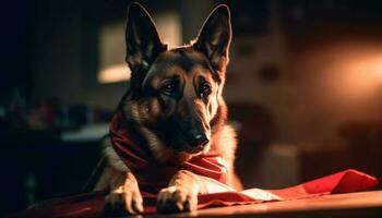 schattig rasecht Duitse herder puppy zittend binnenshuis, op zoek gegenereerd door ai foto