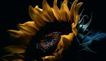 levendig zonnebloem bloesem, geel bloemblaadjes Aan zwart achtergrond gegenereerd door ai foto