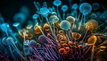 kanker cel uitvergroot in blauw onderwater- rif gegenereerd door ai foto