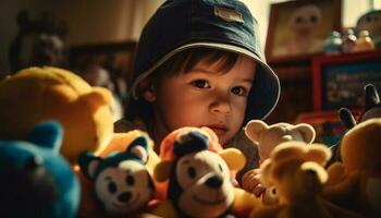schattig baby spelen met teddy beer pompoen decoratie gegenereerd door ai foto