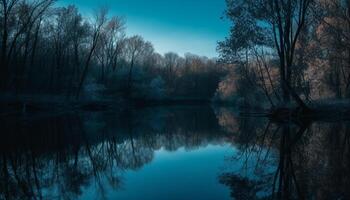 de reflectie van bomen in een rustig vijver gegenereerd door ai foto