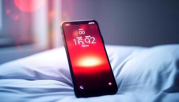 hand- Holding gloeiend smartphone verlicht donker slaapkamer gegenereerd door ai foto