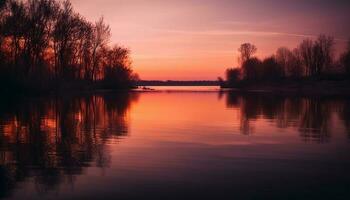 een rustig zonsondergang reflectie over- de water gegenereerd door ai foto