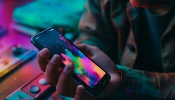mannen en Dames sms'en Aan smartphones Bij nachtclub gegenereerd door ai foto
