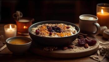 eigengemaakt muesli met melk en gemengd bessen gegenereerd door ai foto