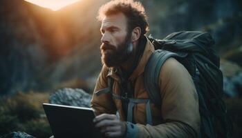 gebaard backpacker onderzoekt natuur met digitaal tablet gegenereerd door ai foto