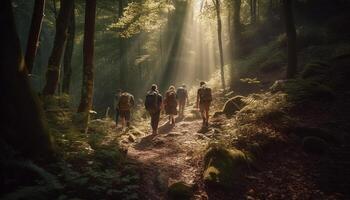 mannen wandelen Aan een mistig berg spoor gegenereerd door ai foto