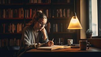 jong vrouw lezing leerboek in huis bibliotheek gegenereerd door ai foto