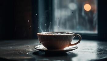 schuimend koffie Aan rustiek hout tafel gegenereerd door ai foto