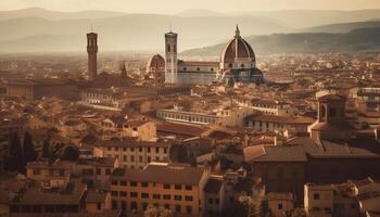 verlichte Italiaans basiliek Bij schemering, hoog hoek visie gegenereerd door ai foto