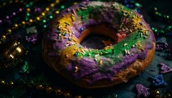 multi gekleurde donut met glimmend suikerglazuur en schitteren decoratie gegenereerd door ai foto