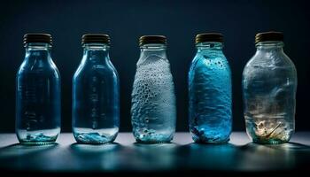 transparant glas flessen vitrine zuiver, verfrissend druppels gegenereerd door ai foto