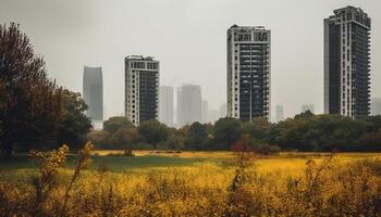 wolkenkrabber staat hoog in natuur herfst stadsgezicht gegenereerd door ai foto