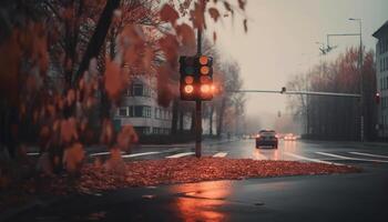 wazig koplampen snelheid door verlichte herfst regen gegenereerd door ai foto