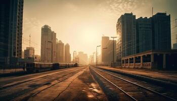 afnemend perspectief van modern stad horizon Bij schemer gegenereerd door ai foto